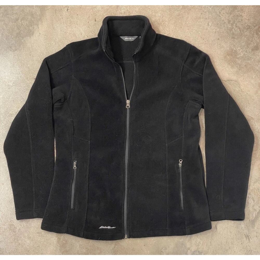 Eddie Bauer Fleece Jacket Women L Black Full Zip Zip Pockets Hiking Outdoor Logo